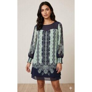 Xhilaration Teal & Navy Blue Long Sleeve Boho Shift Dress Women’s Size M Medium